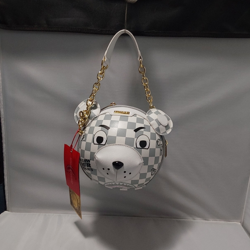 Sprayground Gray Checkered Bear Bag with Gold Accents